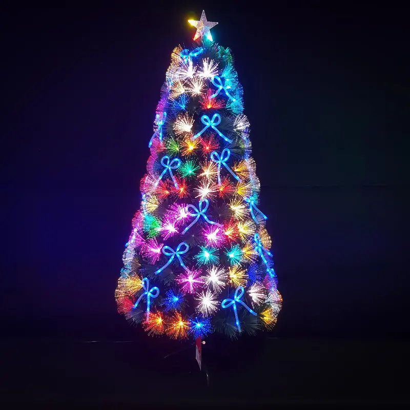 2Ft–7Ft Green Fibre Optic Christmas Tree With Multicolour Led Lights And Blue Bow Accents 1