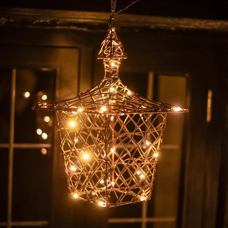 35Cm Brown Woven Hanging Christmas Lantern With 40 Warm White And Multicolor Leds 1