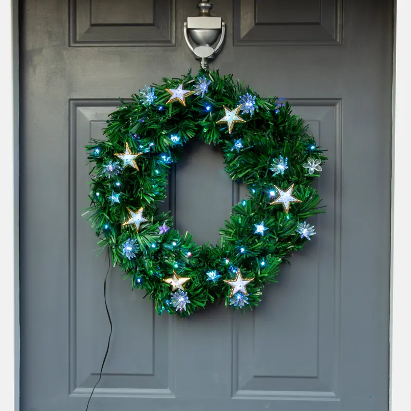 60Cm Festive Green Christmas Wreath Featuring Multi-Colour Leds, Decorative Stars & Lotus Blooms 1