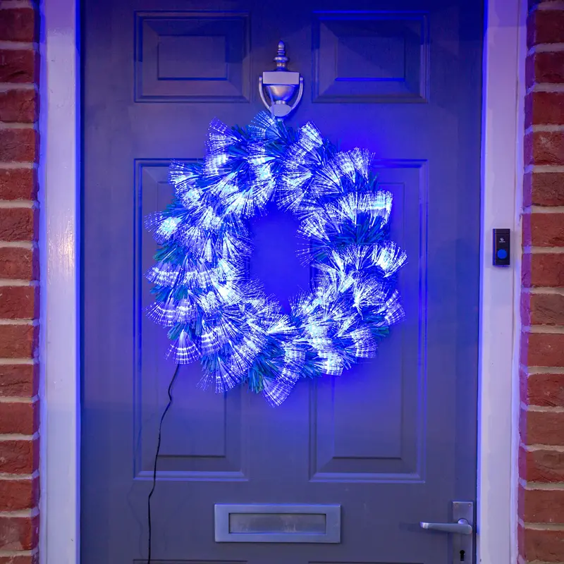 60Cm Vibrant Green Christmas Wreath With Blue Fibre Optic Lighting 1