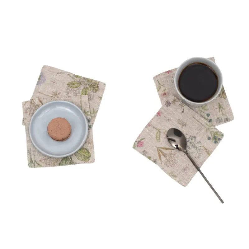 Botanical Print Linen Coasters In Earthy Tones 1