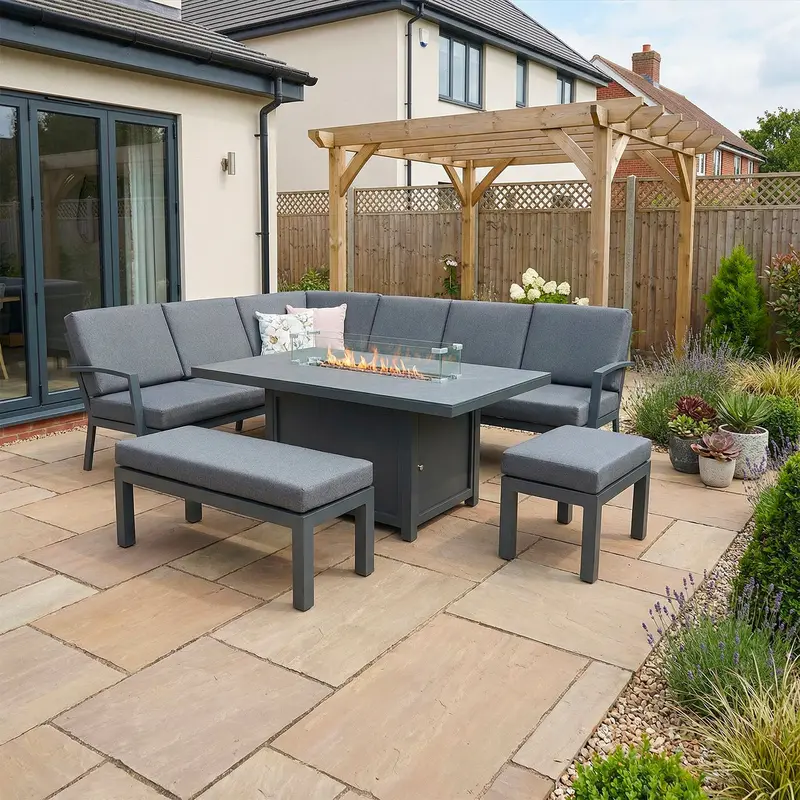 Bracken Outdoors Miami Dark Aluminium Corner Seating Set – Firepit Table, Bench & Stool 1