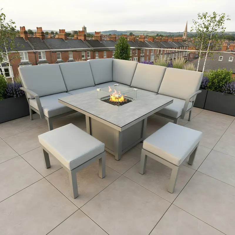 Bracken Outdoors Miami Stone Compact Corner Seating Set With Gas Fire Pit Table & Stools 1