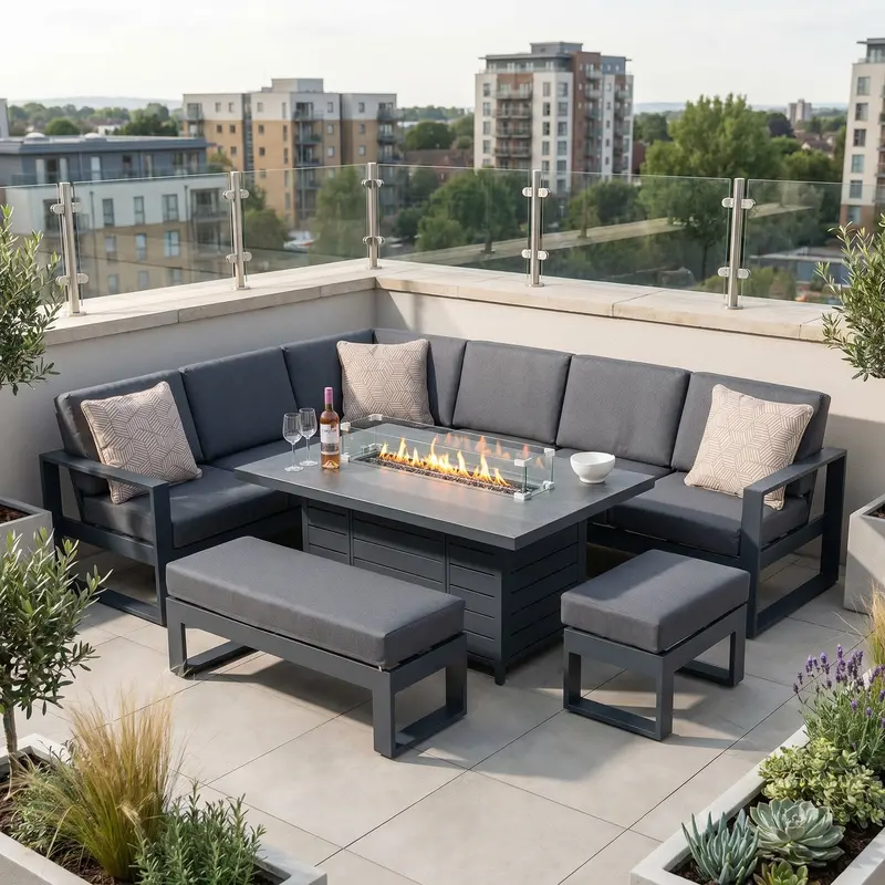 Bracken Outdoors Portland Aluminium Corner Garden Furniture Set With Integrated Fire Pit Table 1