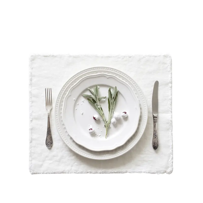 Crisp White Linen Placemat Featuring Soft Fringed Edges 1