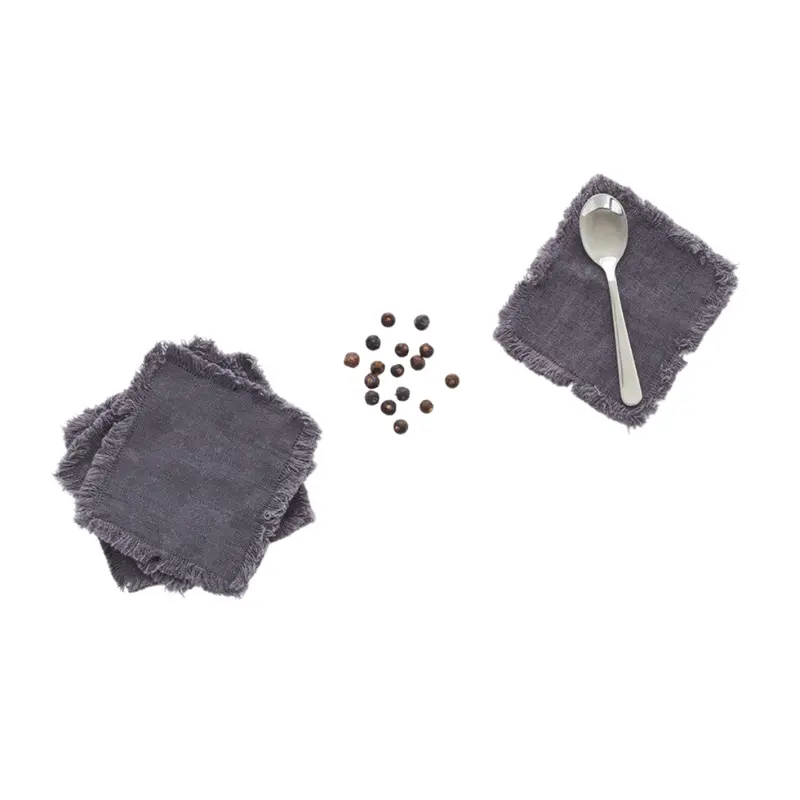 Dark Grey Fringed Linen Coasters – Set 1