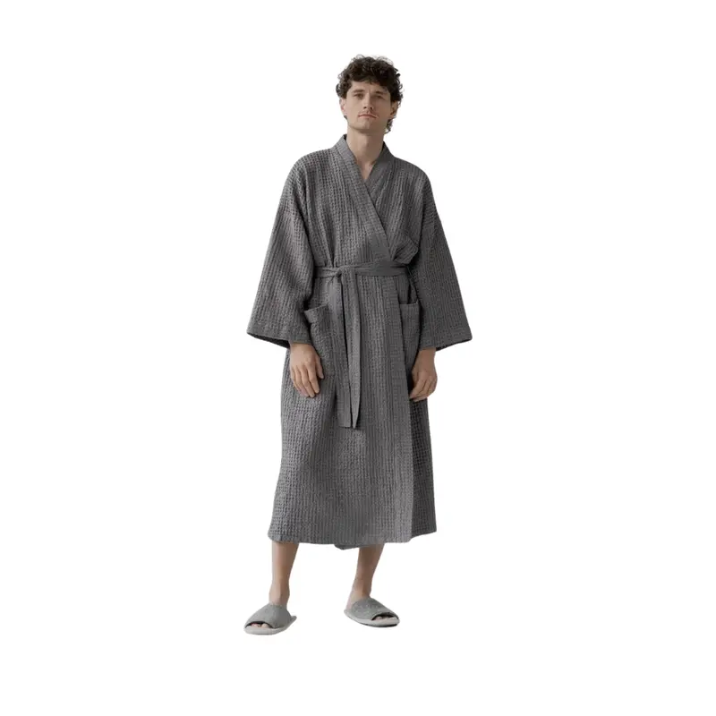 Dark Grey Linen-Cotton Waffle Robe 1
