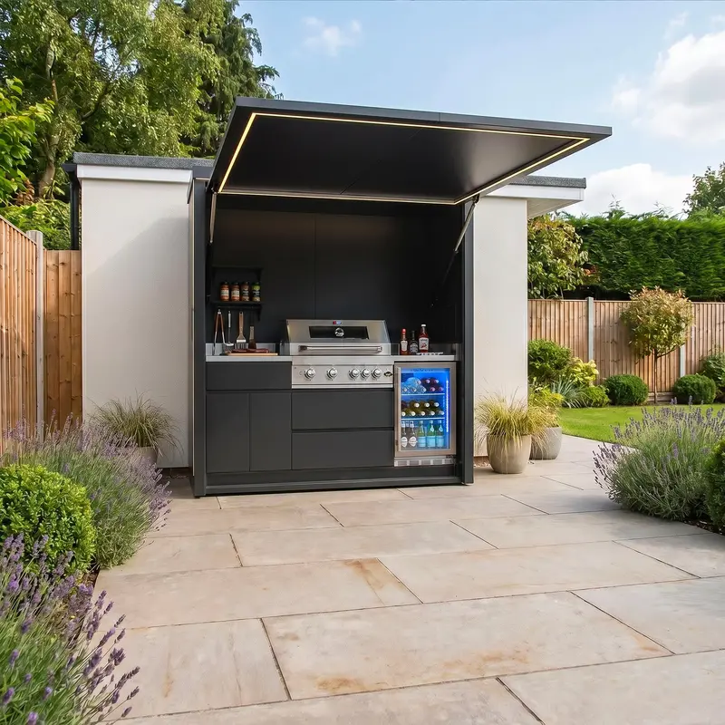 Draco Grills 4-Burner Outdoor Kitchen Pod With Stainless Steel Bbq And Integrated Fridge 1