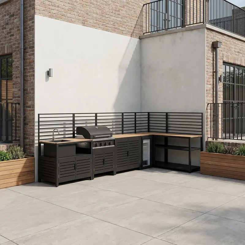 Draco Grills Scandic 4-Burner Modular Bbq Cabinet: Cupboard, Shelf, Sink, Fridge & Corner Layout 1