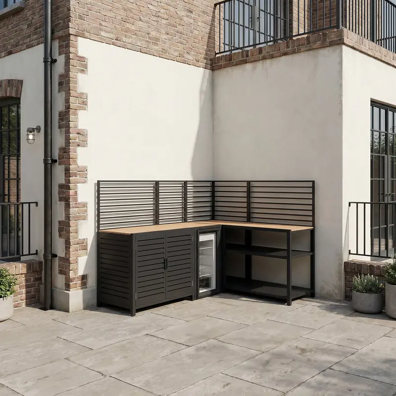 Draco Grills Scandic Modular Outdoor Kitchen: Double-Cupboard Shelf, Fridge & Corner Cabinet 1