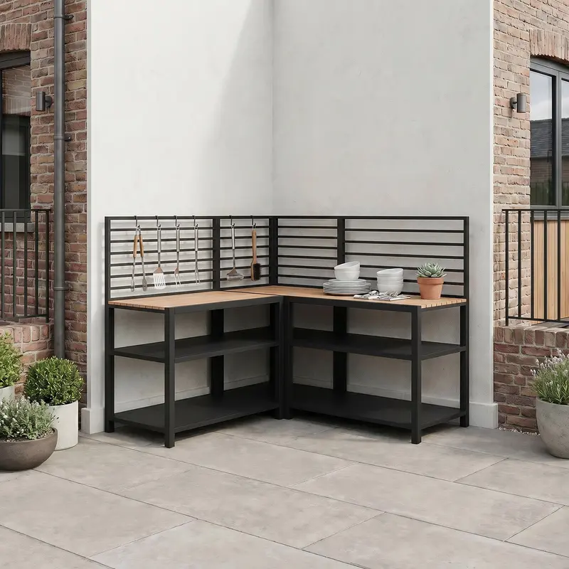 Draco Grills Scandic Modular Outdoor Kitchen: Two Double-Shelf Cabinets + Corner Unit 1