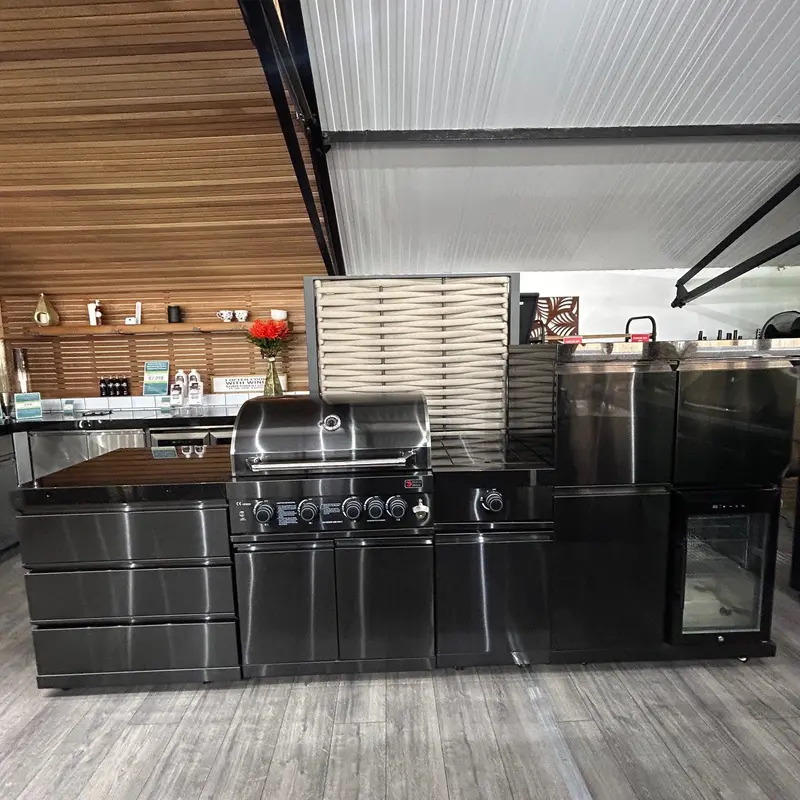 Ex-Display Draco Grills 4-Burner Black Stainless Steel Outdoor Kitchen: Sear Station, Triple Drawer Unit & Mid-Height Fridge Cabinet 1