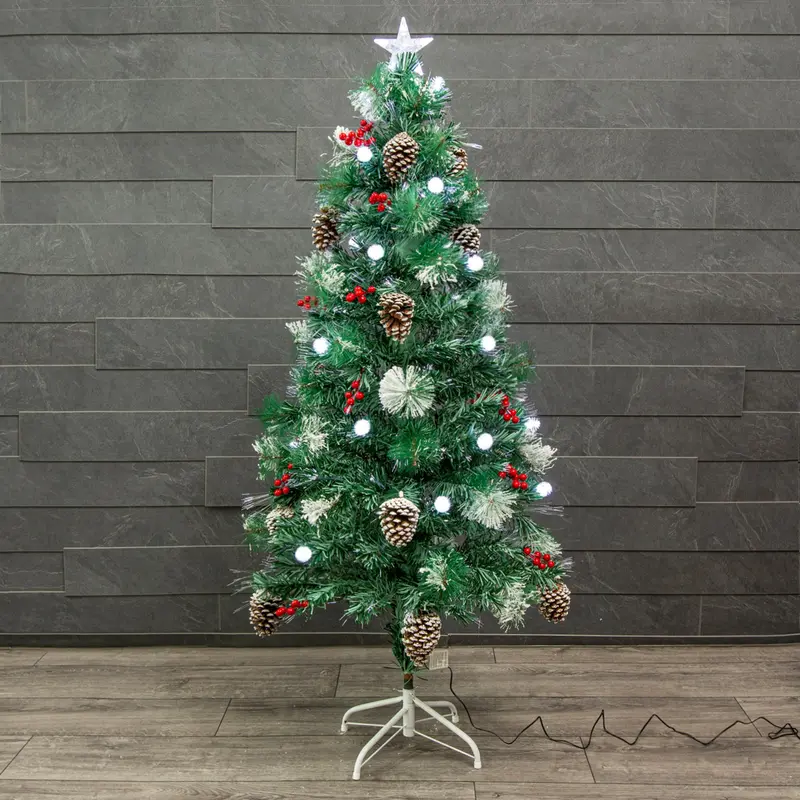 Flocked Green Pine Christmas Tree (4Ft–6Ft) Featuring White Fibre-Optic Tips, Led Lights, Berries, And Pine Cones 2