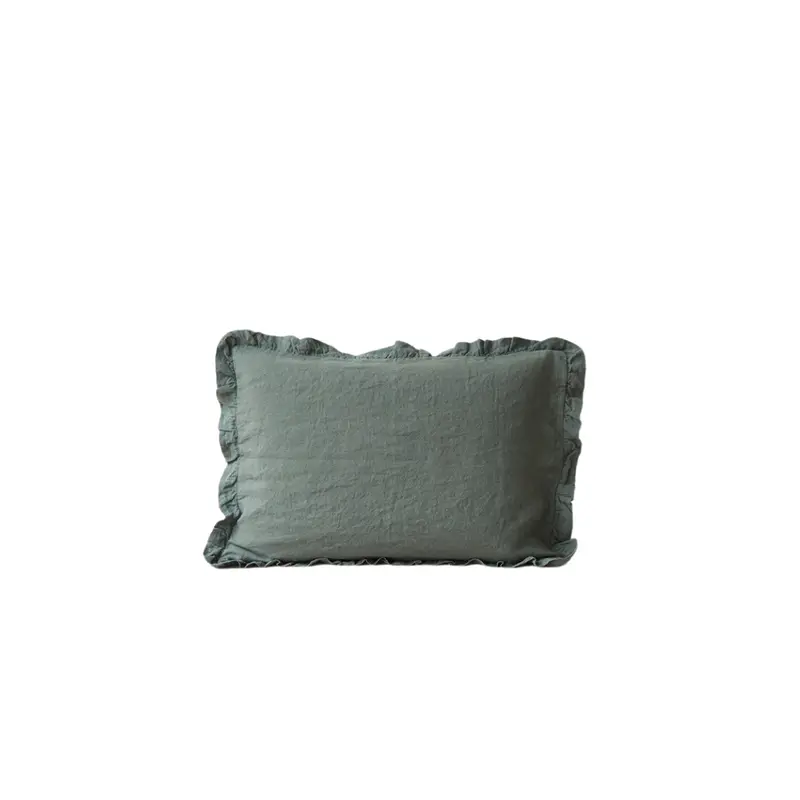 Forest Green Linen Pillowcase With Tailored Frilled Edge 1