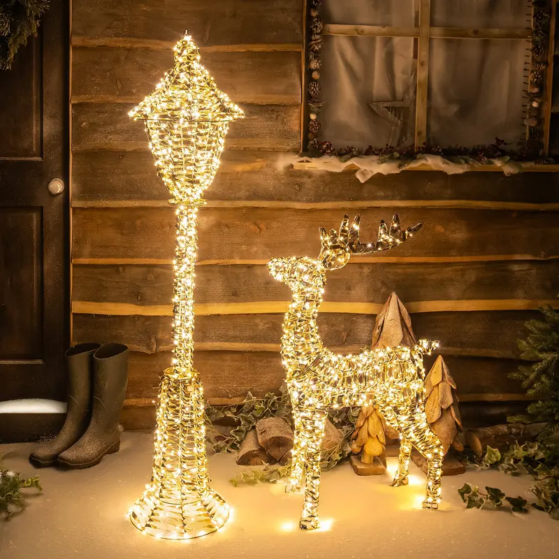 Gold Laser-Cut Reindeer & Lamp Post Light-Up Display With Warm White Micro-Leds 1