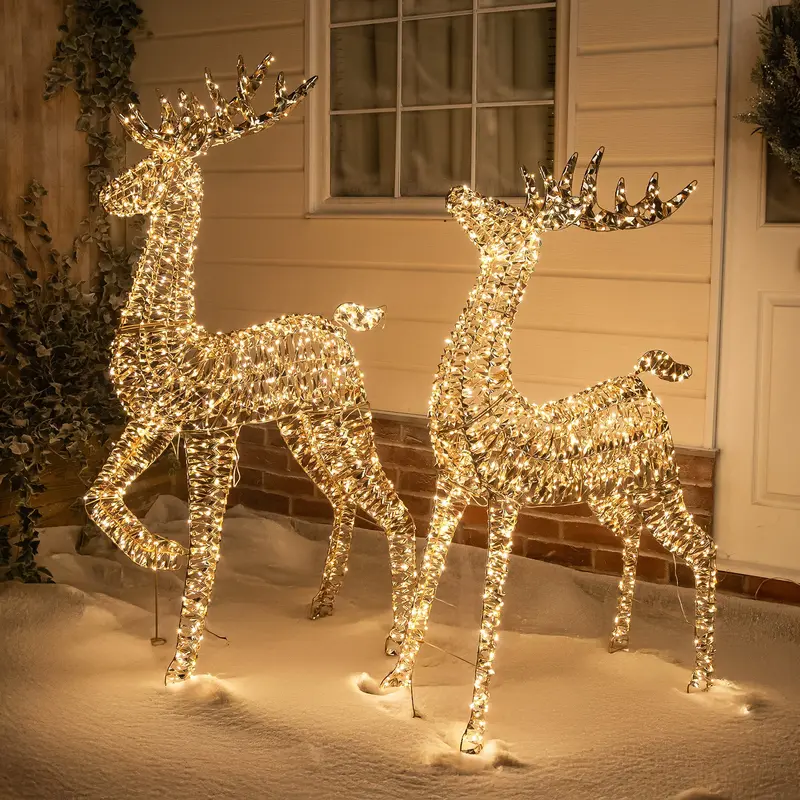 Gold Laser-Cut Reindeer Stag Decorations With Warm White Micro-Leds 1