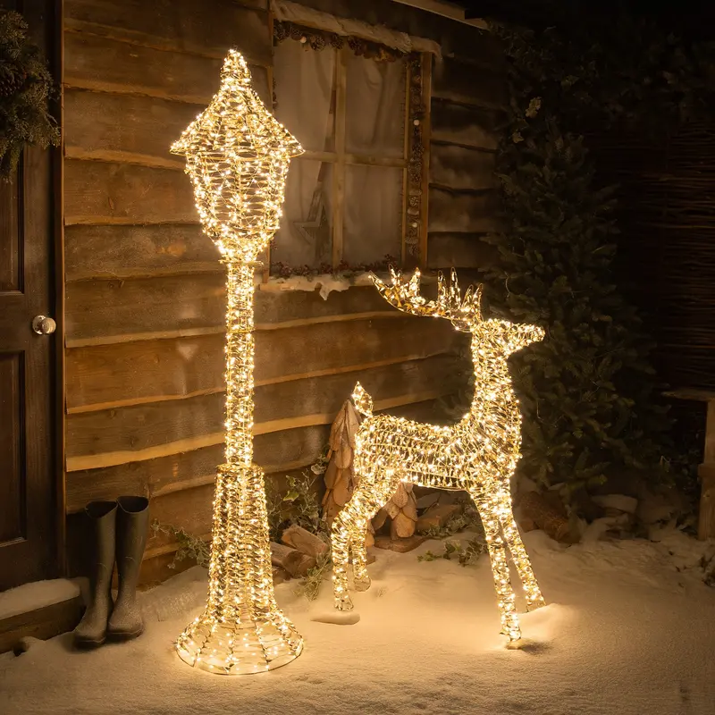 Gold Laser-Cut Reindeer-Themed Lamp Post With Warm White Micro-Leds 1