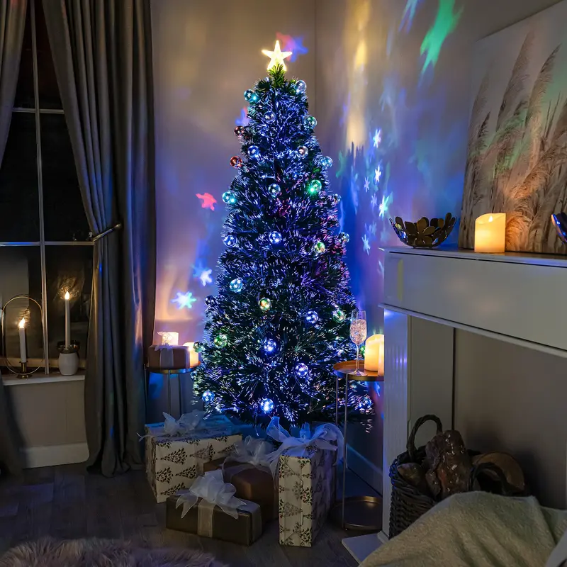 Green Fibre Optic Christmas Tree – 2Ft To 7Ft With Multicolour Leds & Decorative Baubles 1