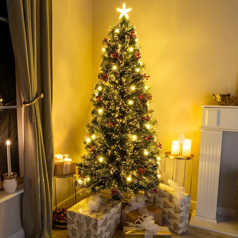 Green Fibre Optic Christmas Tree – 3Ft To 7Ft With Berries, Pine Cones & Warm White Star Leds 1