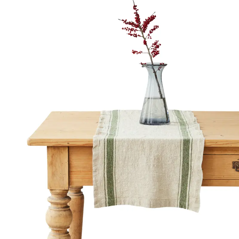 Heritage Green Stripe Linen Table Runner – Trio 1