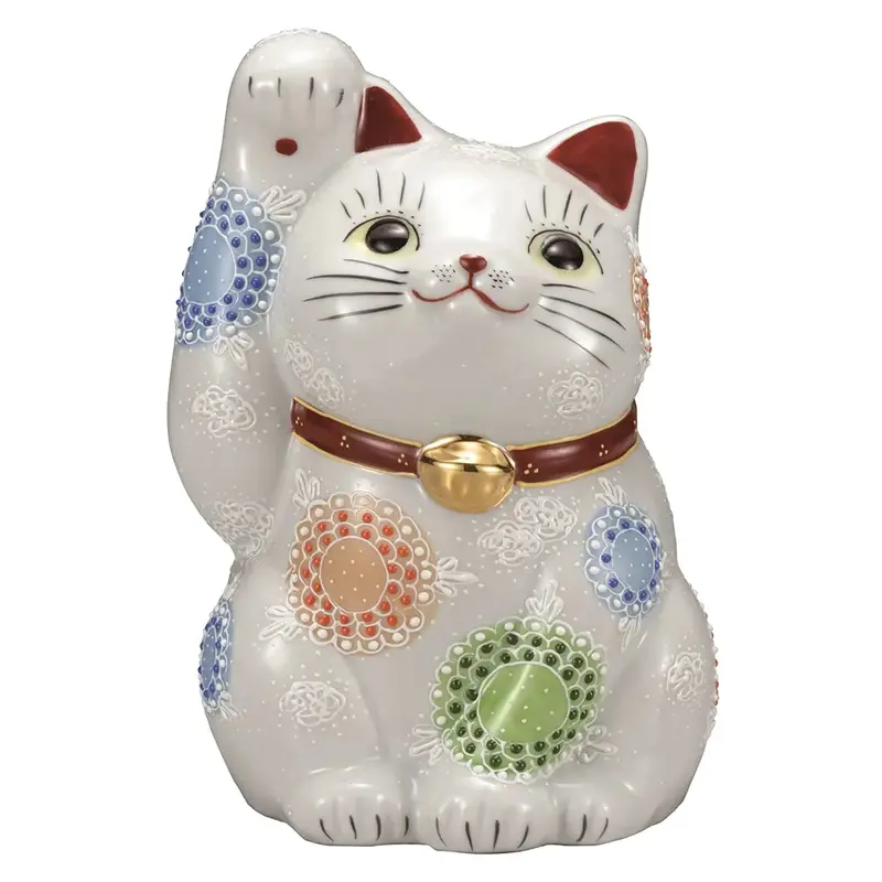 Kutani Ware Floral Maneki Neko Figurine – Crisp White Porcelain (7-Go) 1