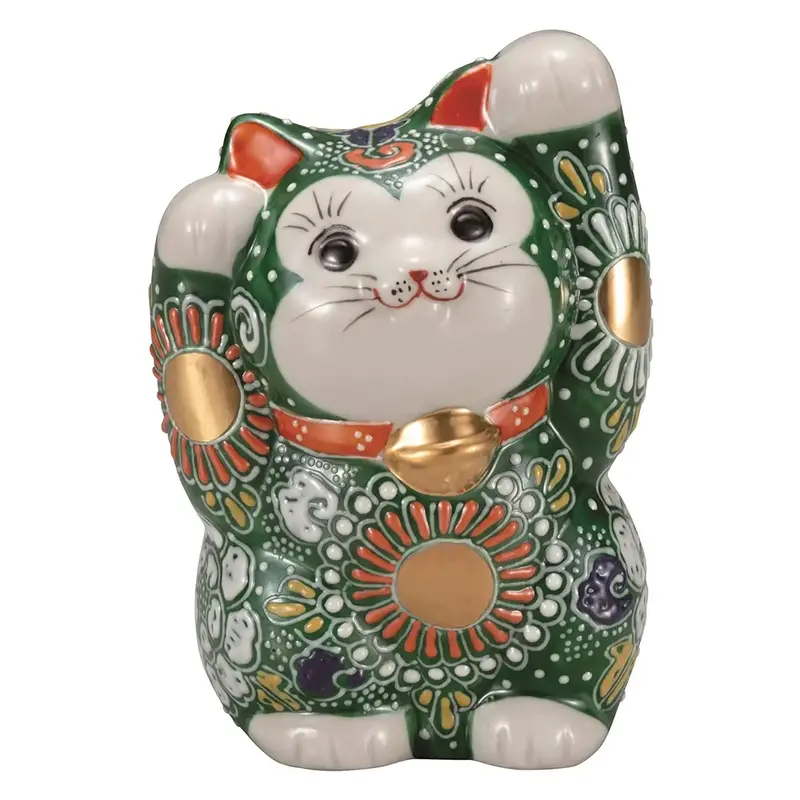 Kutani Ware Green Floral Maneki Neko Figurine – Nature-Inspired Glaze (4-Go) 1