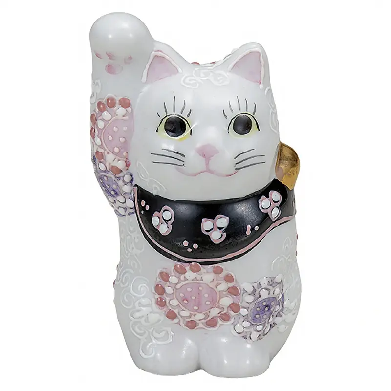Kutani Ware Hanamurasaki Maneki Neko Figurine – Violet Floral Pattern (3.2-Go) 1