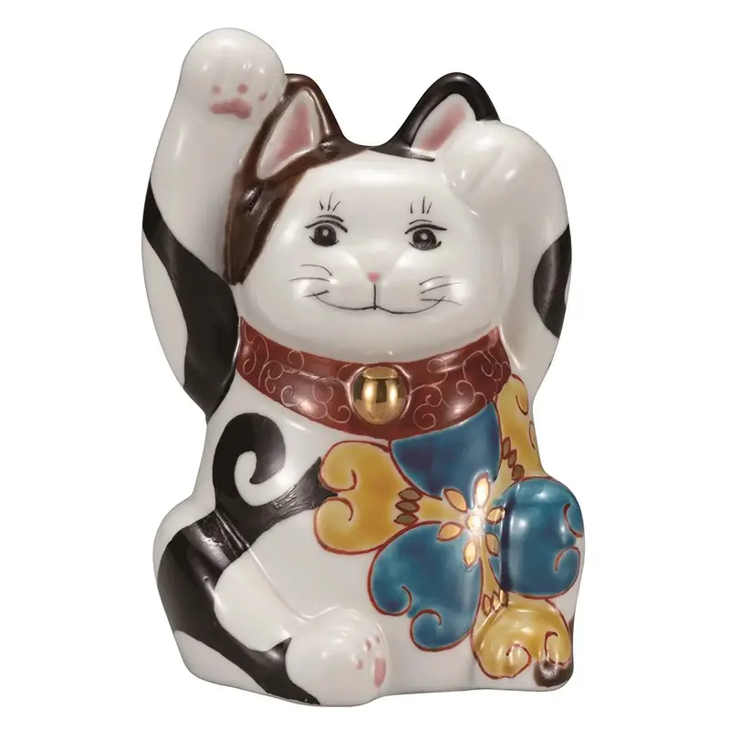 Kutani Ware Iroe-Decorated Maneki Neko Figurine – Intricate Polychrome Art (6-Go) 1
