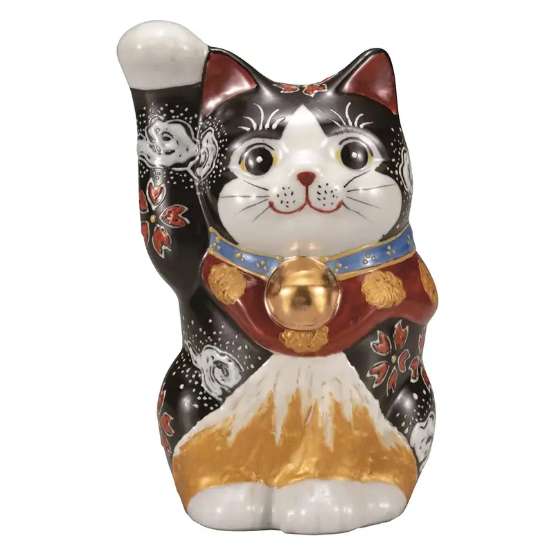 Kutani Ware Kin Fuji Maneki Neko Figurine – Golden Mt. Fuji Detail (4.8-Go) 1