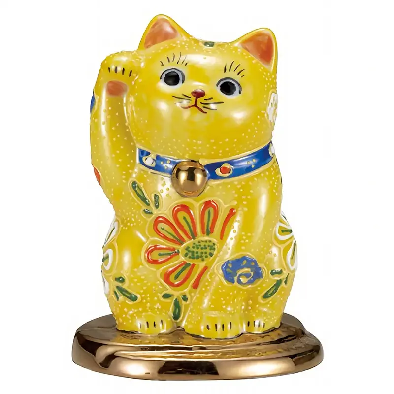 Kutani Ware Koban-Themed Maneki Neko Figurine – Vibrant Yellow Glaze (3.2-Go) 1
