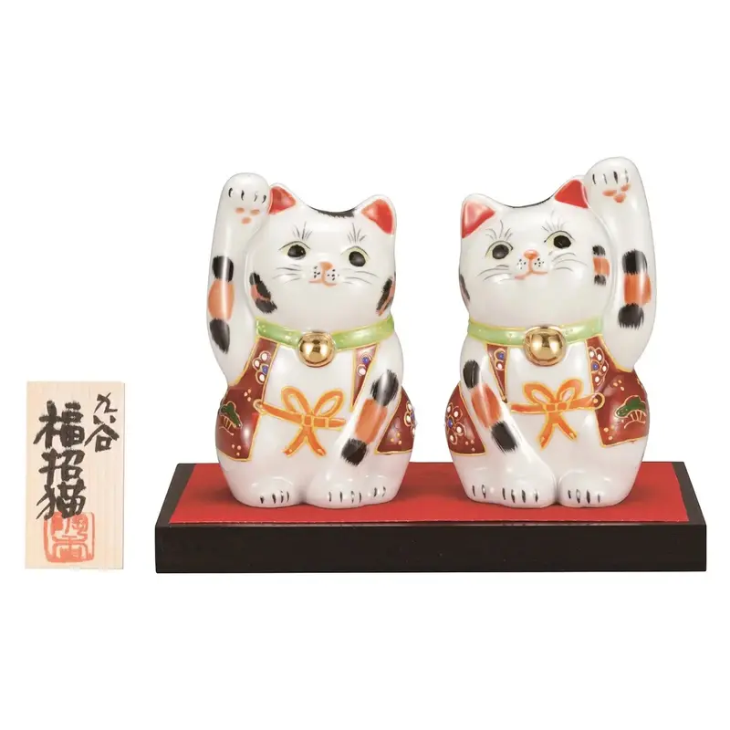 Kutani Ware Maneki Neko Pair – Hand-Painted Porcelain Figurines (3.5-Go) 1