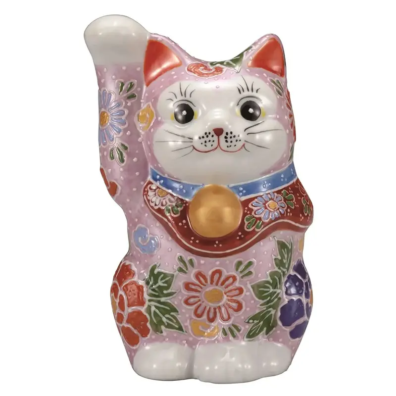 Kutani Ware Pink Floral Maneki Neko Figurine – Soft Pastel Finish (4.8-Go) 1