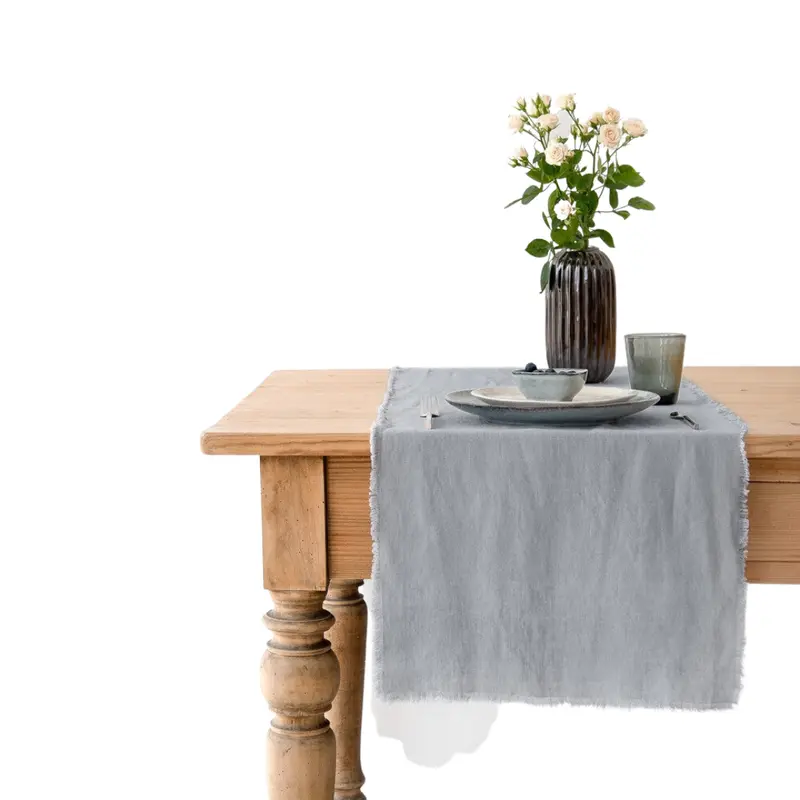 Light Grey Fringed Linen Table Runner – Trio 1