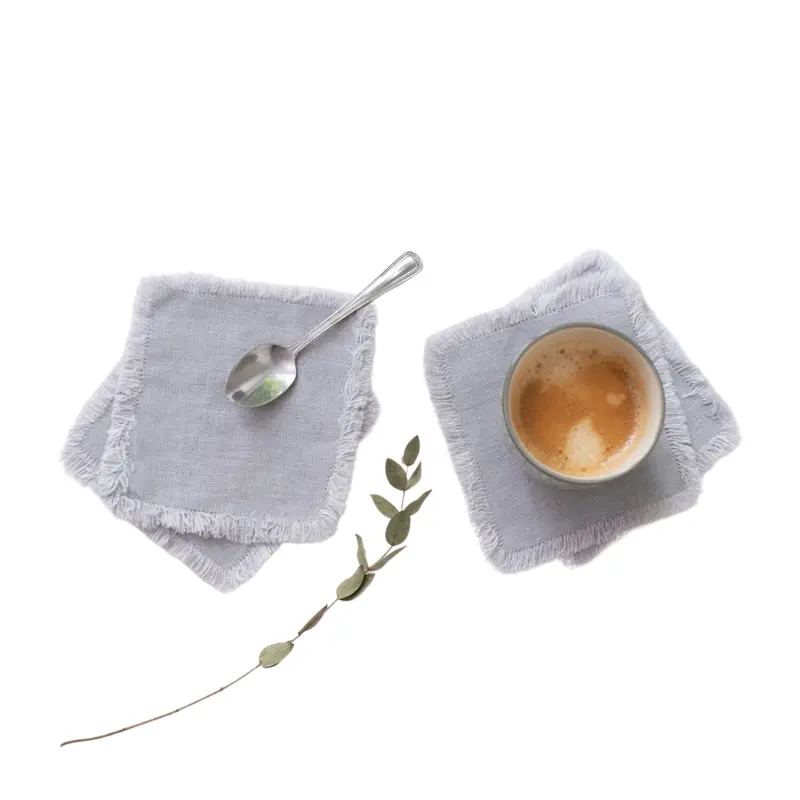 Light Grey Linen Coasters Featuring Artisan Fringe Trim 1