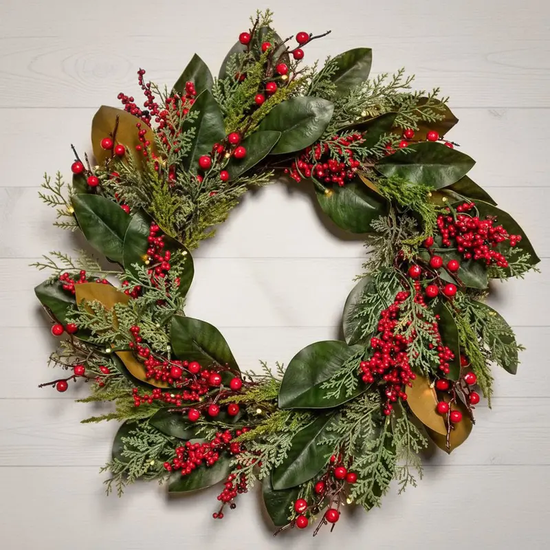 Magnolia Berry 26-Inch Pre-Lit Led Christmas Wreath – Warm White Battery Lights 1