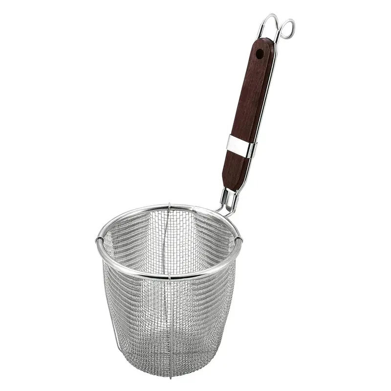 Minex Stainless Steel Flat-Bottom Udon Strainer With Wooden Handle 1