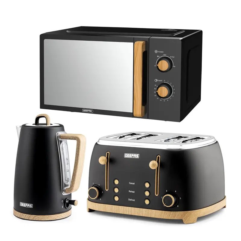 Nordiq Black Multi-Appliance Set: 20L Microwave, 4-Slice Toaster & Electric Kettle 1