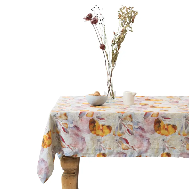 Orange Flow Design On Natural Linen Tablecloth – Contrast & Texture Blend 1