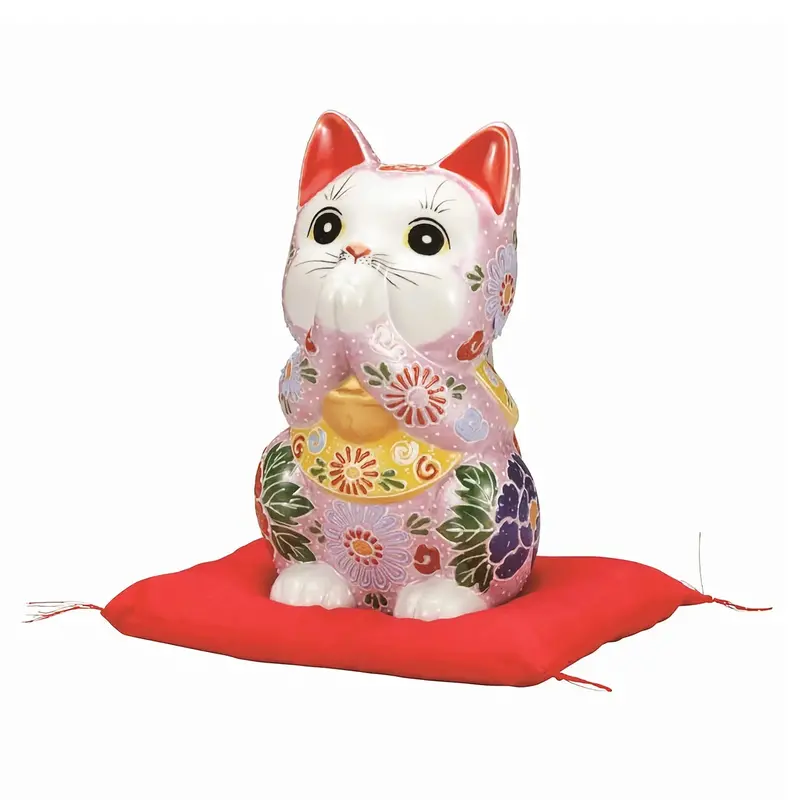 Pink Kutani Porcelain Praying Cat Figurine – 6-Go Ceramic Sculpture 1