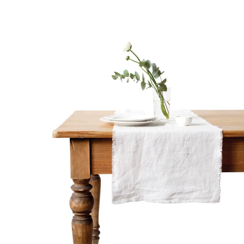 Pure White Fringed Linen Table Runner – Three-Piece Set 1