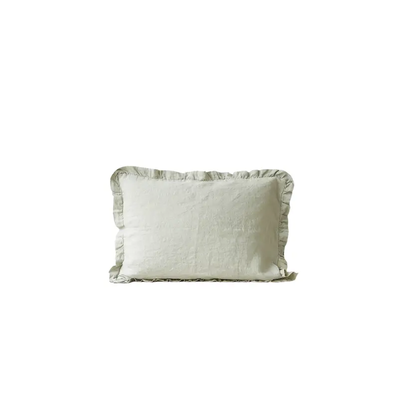 Sage Green Linen Pillowcase With Ruffled Edge 1