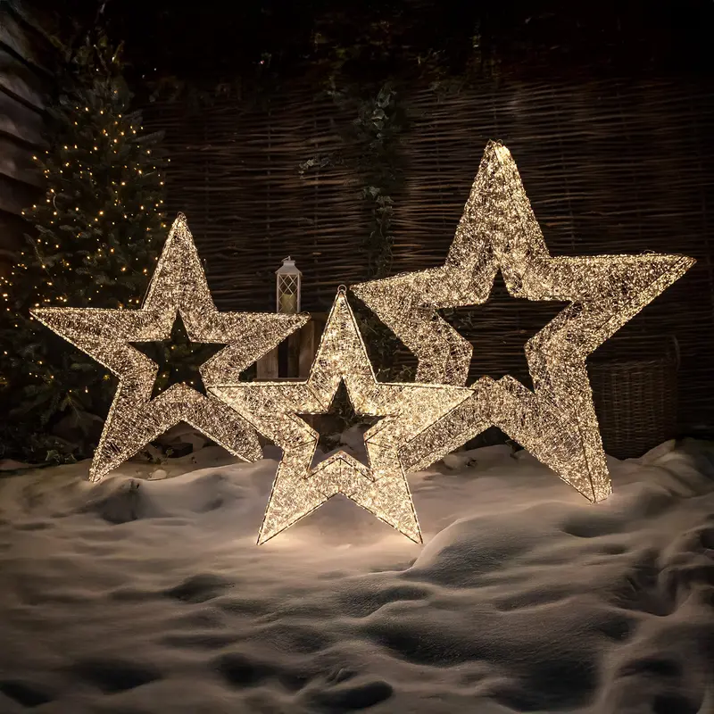 Set Of 3 Gold Light-Up Star Ornaments With Warm White Micro-Leds 1