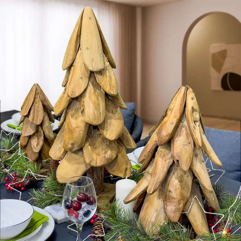Set Of Three Handcrafted Natural Teak Wooden Christmas Trees 1