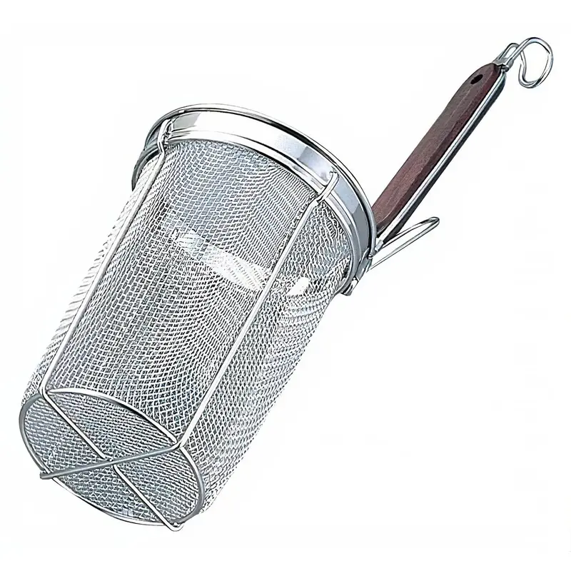 Takekoshi Deep Stainless Steel Tebo Strainer – Flat Base With Wooden Handle 1
