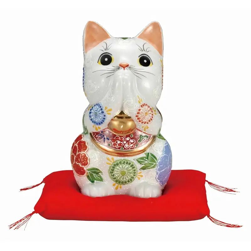 White Kutani Porcelain Praying Cat – 6-Go Traditional Japanese Figurine 1