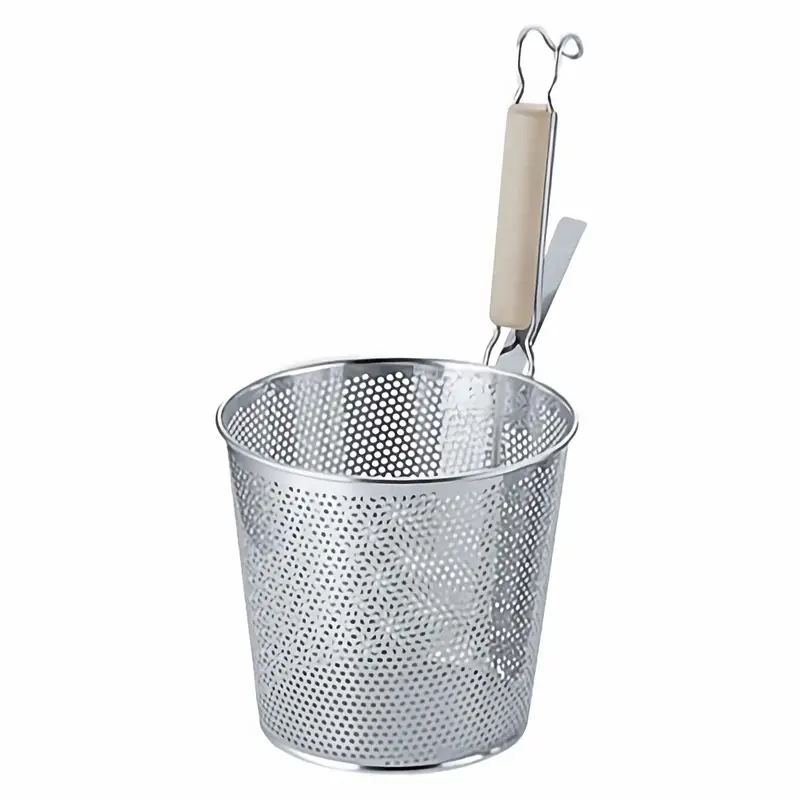 Yukiwa Perforated Stainless Steel Flat-Bottom Udon Strainer With Wooden Handle 1