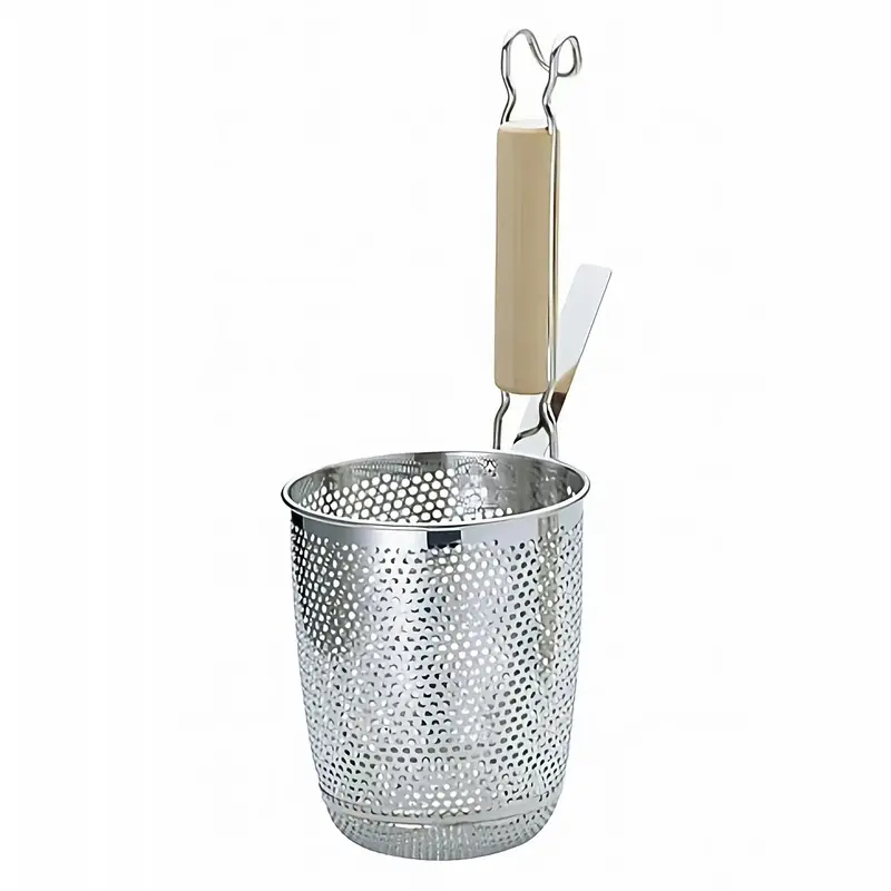 Yukiwa Perforated Stainless Steel Round-Bottom Udon Strainer With Wooden Handle 1